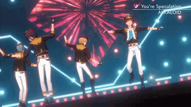 a group of anime characters are dancing on a stage with the words you 're speculation at the top