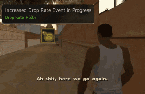 a man in a white tank top stands in front of an increased drop rate event in progress
