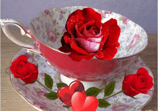 a cup and saucer with red roses and hearts