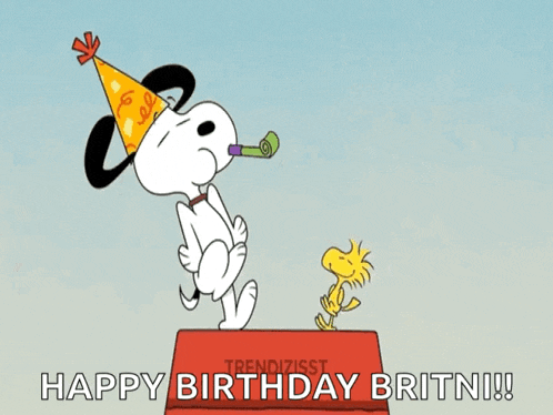 a cartoon of snoopy blowing a party horn with the words happy birthday britni