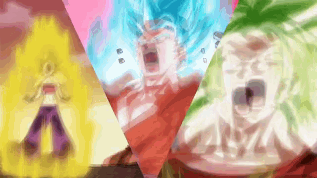 a collage of three images of a dragon ball z character , goku , gohan and kale .
