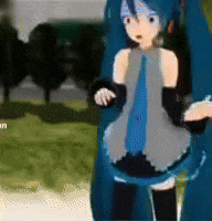 a girl with blue hair and black gloves is standing in a field