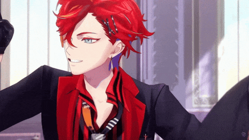 a boy with red hair and blue eyes is wearing a black suit and tie .