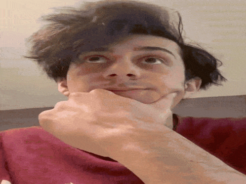 a close up of a man 's face with his hand on his chin .