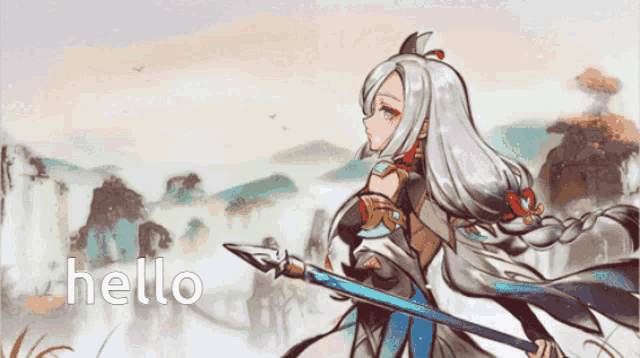 a drawing of a girl holding a spear with the words hello written below her