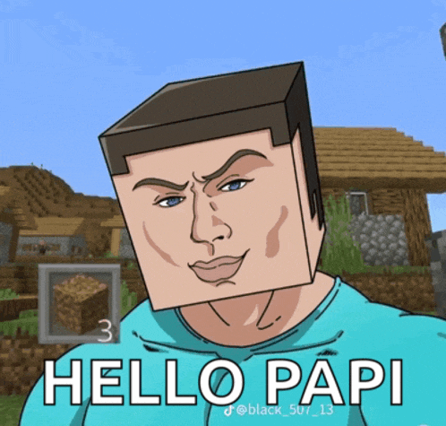 a cartoon drawing of a man with a square head and the words hello papi on the bottom