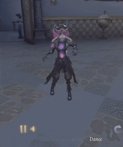 a girl with pink hair and goggles is dancing in a room with the words dance below her