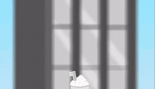 a cartoon of a cupcake with a straw in front of a jail cell window .