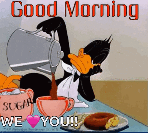 a cartoon duck is pouring coffee into a cup with a donut on a plate .