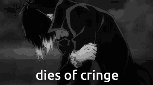 a black and white drawing of a person with the words dies of cringe below