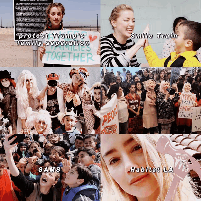 a collage of images with the words protest trump 's family separation smile train and habitat la