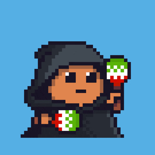 a pixel art of a person with a hood holding a sword