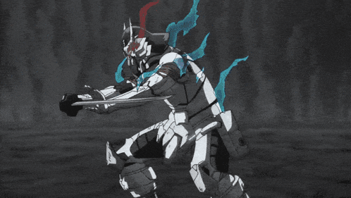 a black and white drawing of a robot with a red head