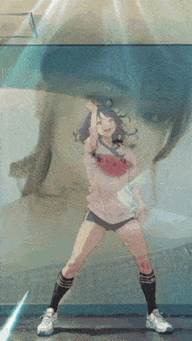 a girl in shorts and socks is dancing in front of a reflection of another girl 's face