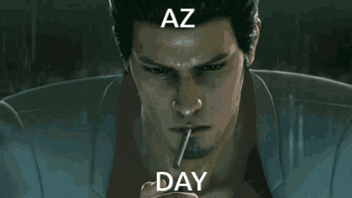 a man in a suit is smoking a cigarette and the words az day are above him