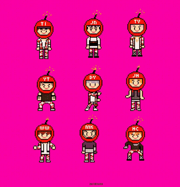 a pixel art of a group of people with apple helmets on