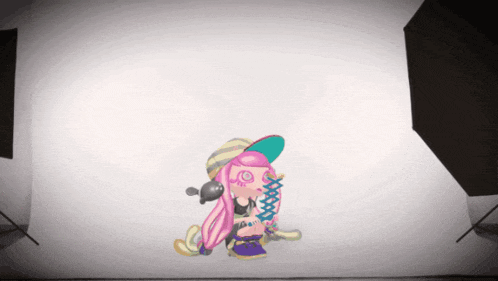 a cartoon of a girl with pink hair and a blue hat