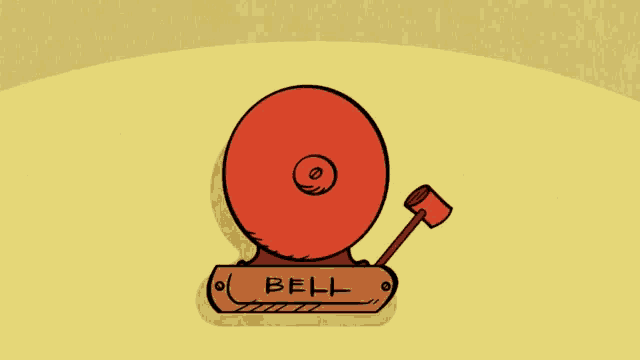 a cartoon drawing of a red bell with a wooden label that says bell