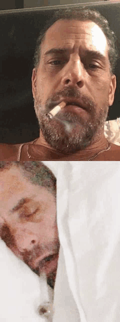 a man with a beard is smoking a cigarette next to a picture of a man sleeping