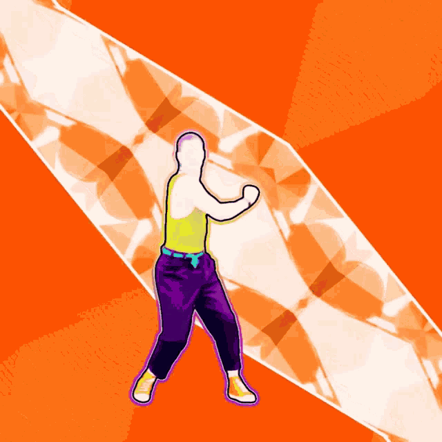 a man in a yellow shirt and purple pants is dancing in front of an orange background