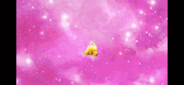 a yellow rabbit is flying through the air on a pink background surrounded by stars .