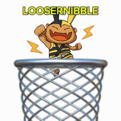 a cartoon character jumping into a basketball hoop with the words loosernibble written above him