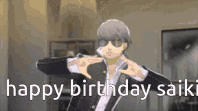 a man wearing sunglasses is making a heart shape with his hands and says happy birthday saiki .