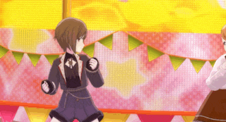 two anime girls are dancing on a stage .
