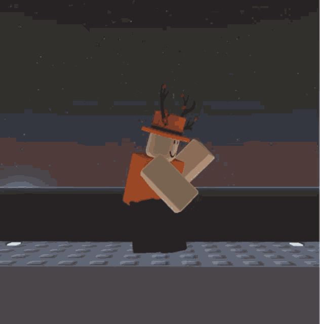 a roblox character wearing an orange hat and antlers stands in front of a body of water
