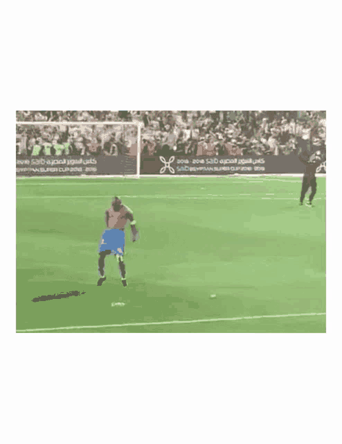a shirtless man is kicking a soccer ball on a field .