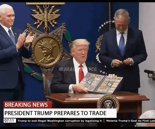 breaking news that president trump prepares to trade is shown on the screen