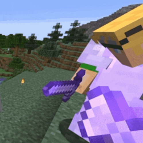 a person in a purple outfit is holding a purple sword