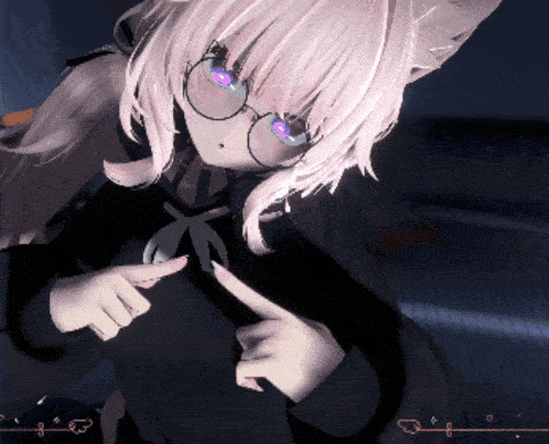 a girl with pink hair and glasses is pointing to her chest