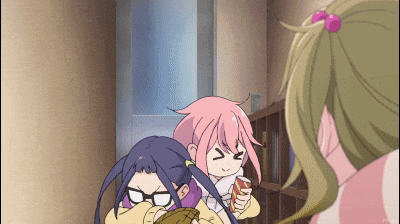 a girl with pink hair and glasses holds a glove