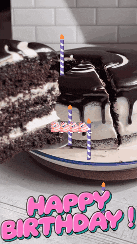 a birthday cake with a slice taken out of it and the words happy birthday on the bottom