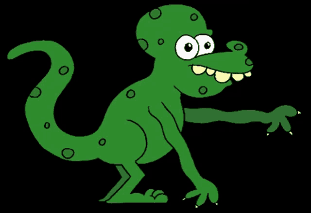 a cartoon of a green lizard with big eyes