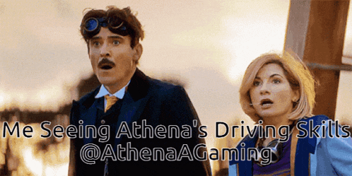 a man and a woman are standing next to each other with the caption " me seeing athena 's driving skills "