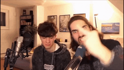 two men are standing in front of microphones in a living room making funny faces .