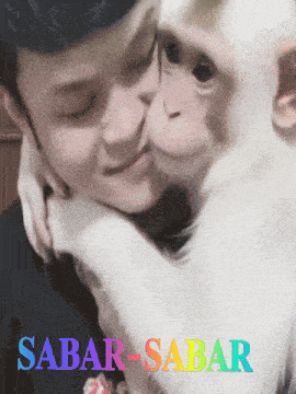 a monkey kissing a man 's face with the words sabar - sabar written on the bottom