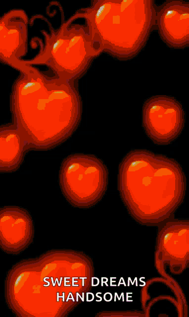 purple hearts on a black background with the words sweet dreams handsome below them