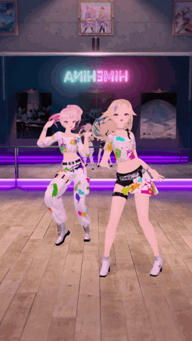 two anime girls are dancing in front of a neon sign that says amih3mih