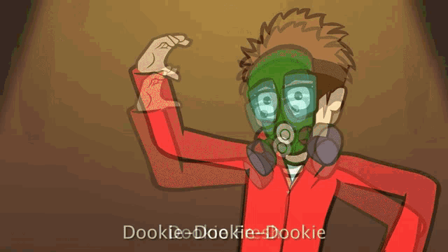 a cartoon of a man wearing a gas mask with the words dookie-dookie-dookie above him