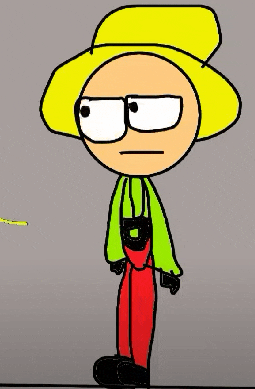 a cartoon character wearing a yellow hat and green overalls is standing in front of a gray background .