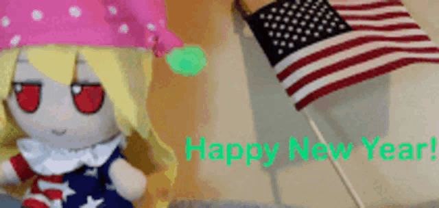 a stuffed doll is sitting next to a small american flag and the words happy new year