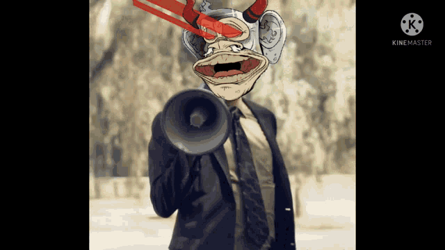 a man in a suit and tie is holding a megaphone with a cartoon character on his face