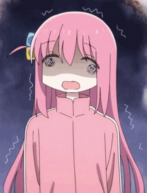 a girl with pink hair is wearing a pink jacket and has a surprised look on her face