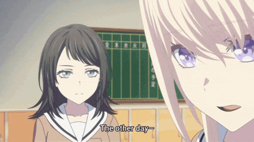 two anime girls are standing next to each other with the other day written on the bottom