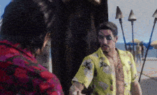 a man with an eye patch is shaking hands with another man in a floral shirt