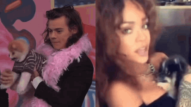 a man wearing a pink boa holds a small dog next to a woman