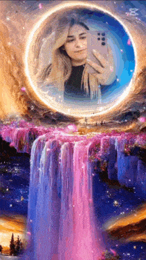 a woman is taking a picture of herself in front of a waterfall .